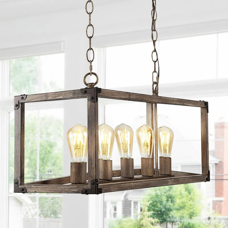 Zeniba 36  5-Light Linear Adjustable Iron Rustic Farmhouse LED Pendant, Brown by JONATHAN Y