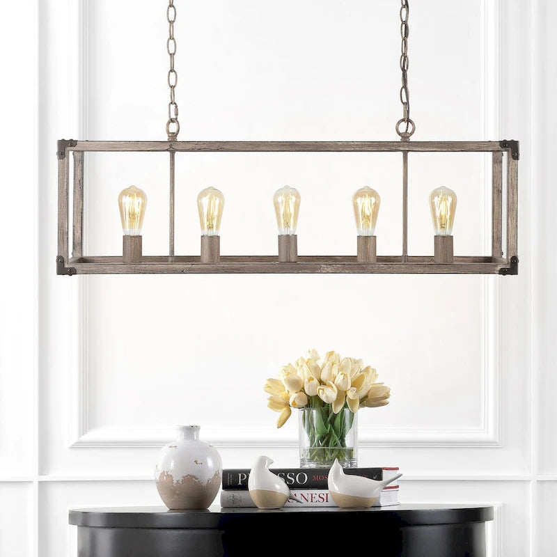 Suspension LED Zeniba 36 à 5 lumières, linéaire et réglable, en fer brun, style rustique, par JONATHAN Y.