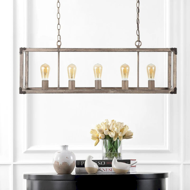 Suspension LED Zeniba 36 à 5 lumières, linéaire et réglable, en fer brun, style rustique, par JONATHAN Y.