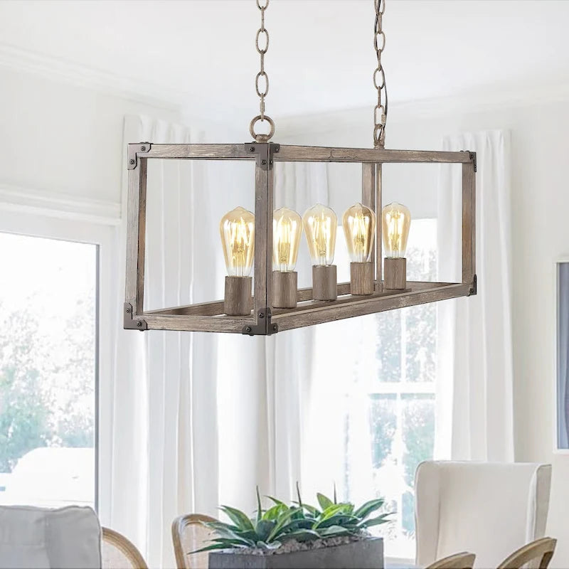 Suspension LED Zeniba 36 à 5 lumières, linéaire et réglable, en fer brun, style rustique, par JONATHAN Y.