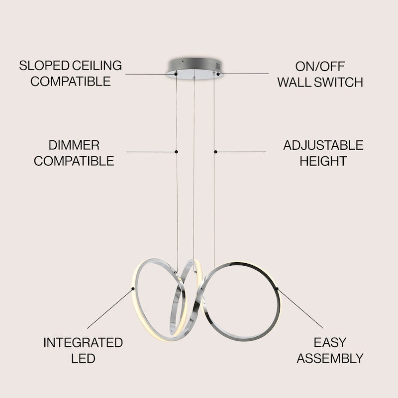 Suspension LED intégrée Alden 24 à 1 lumière, style minimaliste contemporain, ruban d'aluminium, chrome/argent, par JONATHAN Y