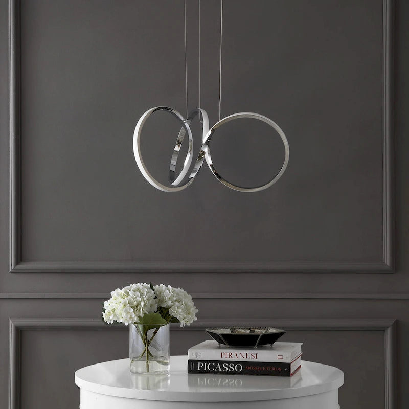 Suspension LED intégrée Alden 24 à 1 lumière, style minimaliste contemporain, ruban d'aluminium, chrome/argent, par JONATHAN Y