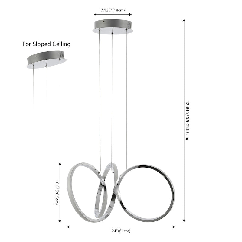Suspension LED intégrée Alden 24 à 1 lumière, style minimaliste contemporain, ruban d'aluminium, chrome/argent, par JONATHAN Y
