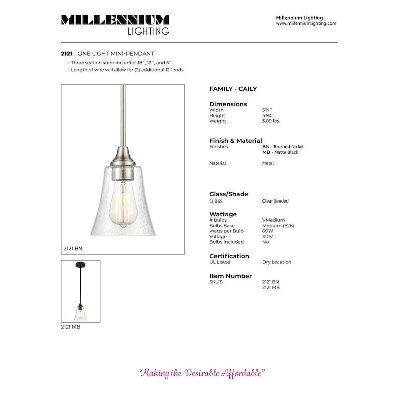 Suspension Caily 1 lumière de Millennium Lighting, finition nickel brossé ou noir mat, avec abat-jour en verre bullé