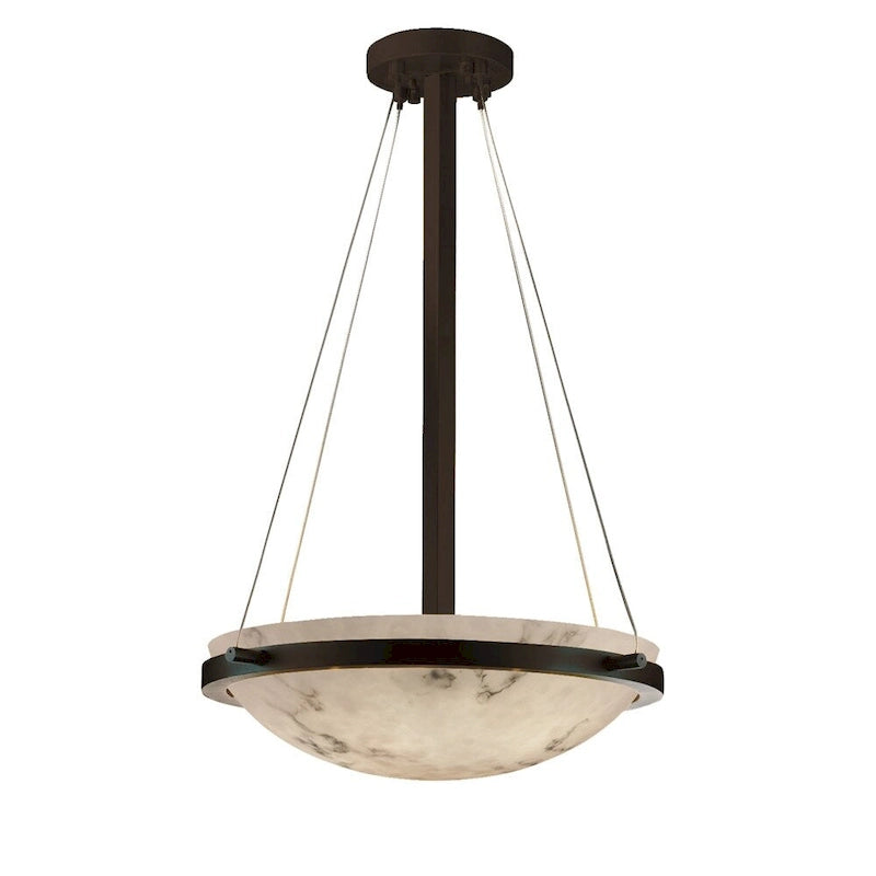 Suspension ronde LumenAria Ring 18 pouces, noir mat, avec anneau et abat-jour imitation albâtre.