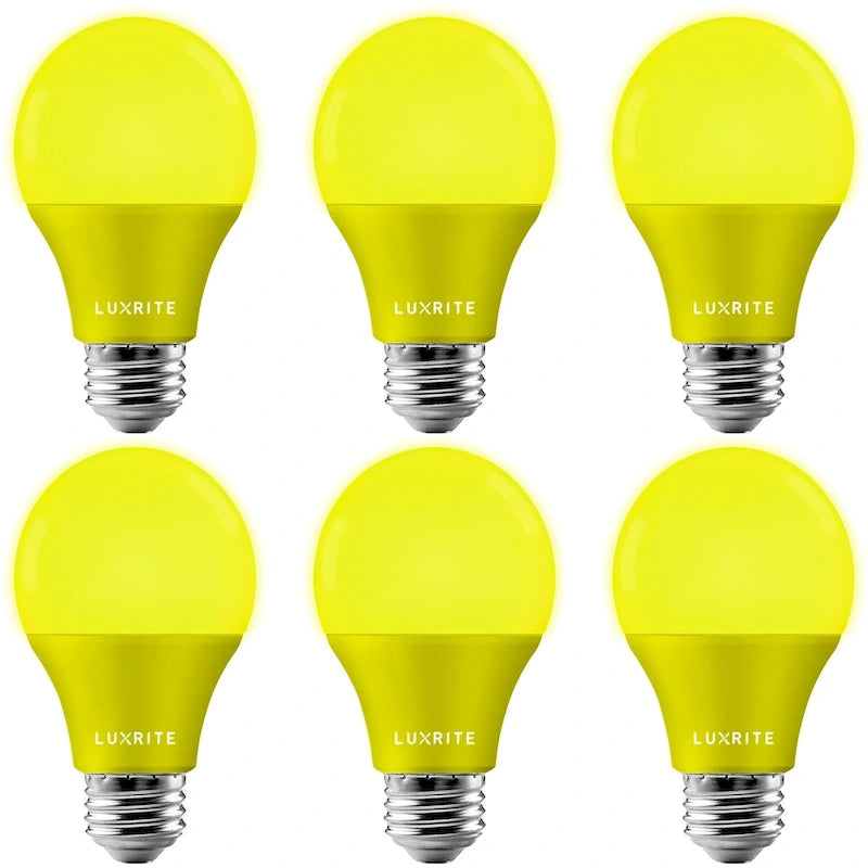 Ampoules anti-insectes LED jaunes Luxrite A19 8W non dimmables, certifiées UL, culot E26, lot de 6, pour intérieur et extérieur (porche, terrasse, maison).