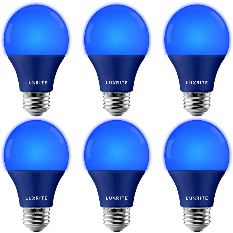 Ampoules anti-insectes LED jaunes Luxrite A19 8W non dimmables, certifiées UL, culot E26, lot de 6, pour intérieur et extérieur (porche, terrasse, maison).