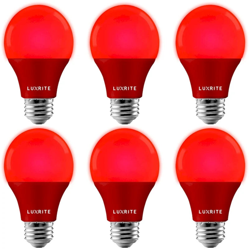 Ampoules anti-insectes LED jaunes Luxrite A19 8W non dimmables, certifiées UL, culot E26, lot de 6, pour intérieur et extérieur (porche, terrasse, maison).