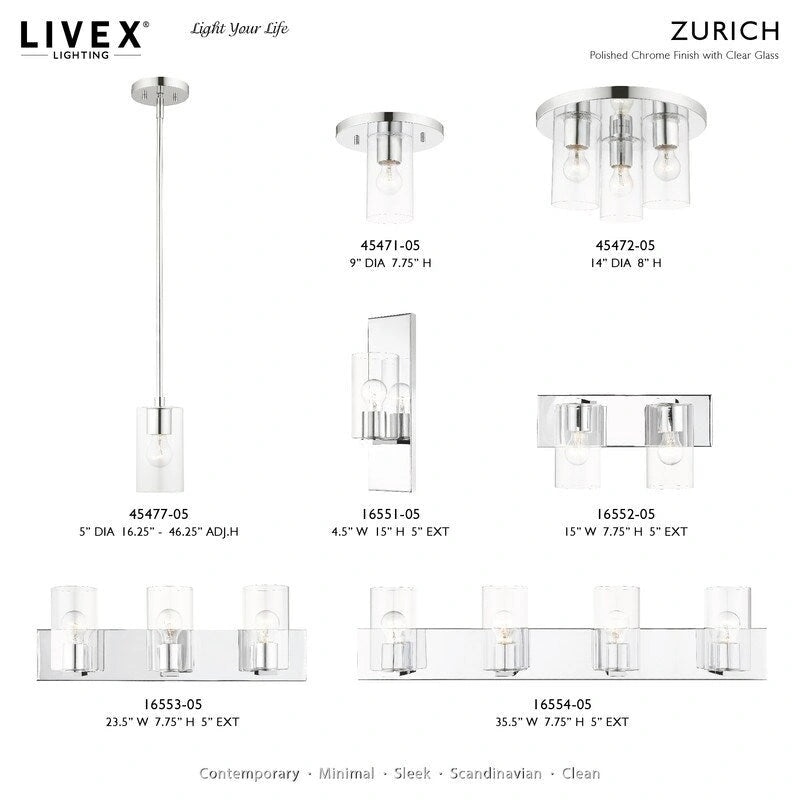 Suspension miniature Livex Lighting à 1 lumière, 45477-05 - 5 po de diamètre x 16,25 po - Hauteur réglable : 46,25 po