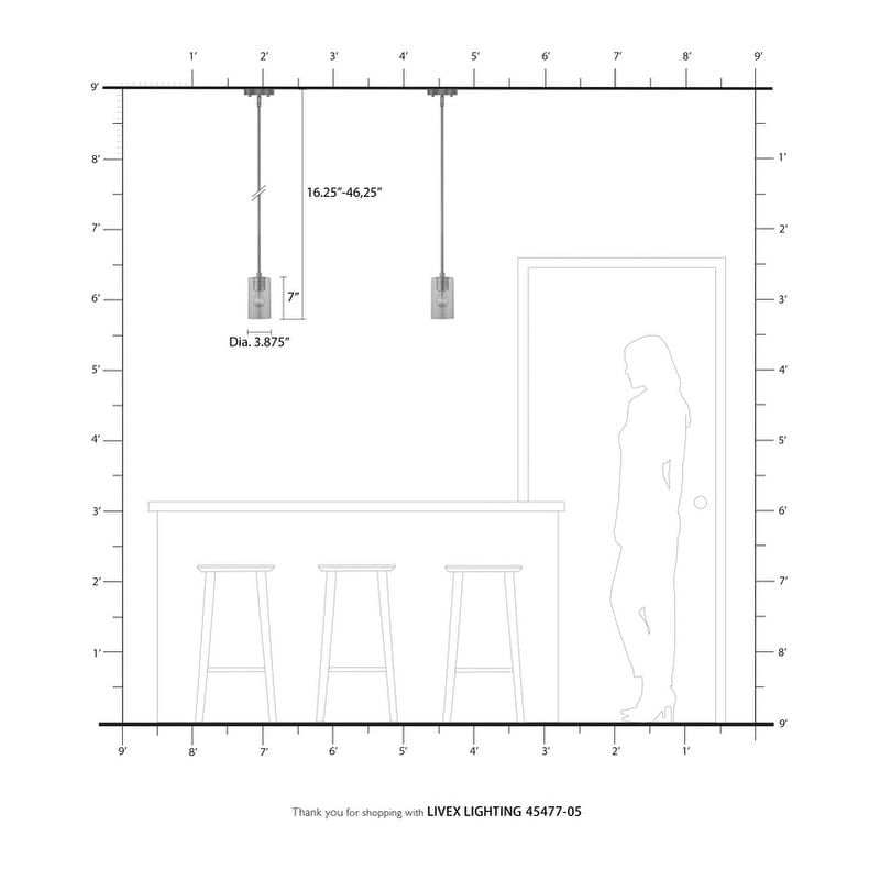 Suspension miniature Livex Lighting à 1 lumière, 45477-05 - 5 po de diamètre x 16,25 po - Hauteur réglable : 46,25 po