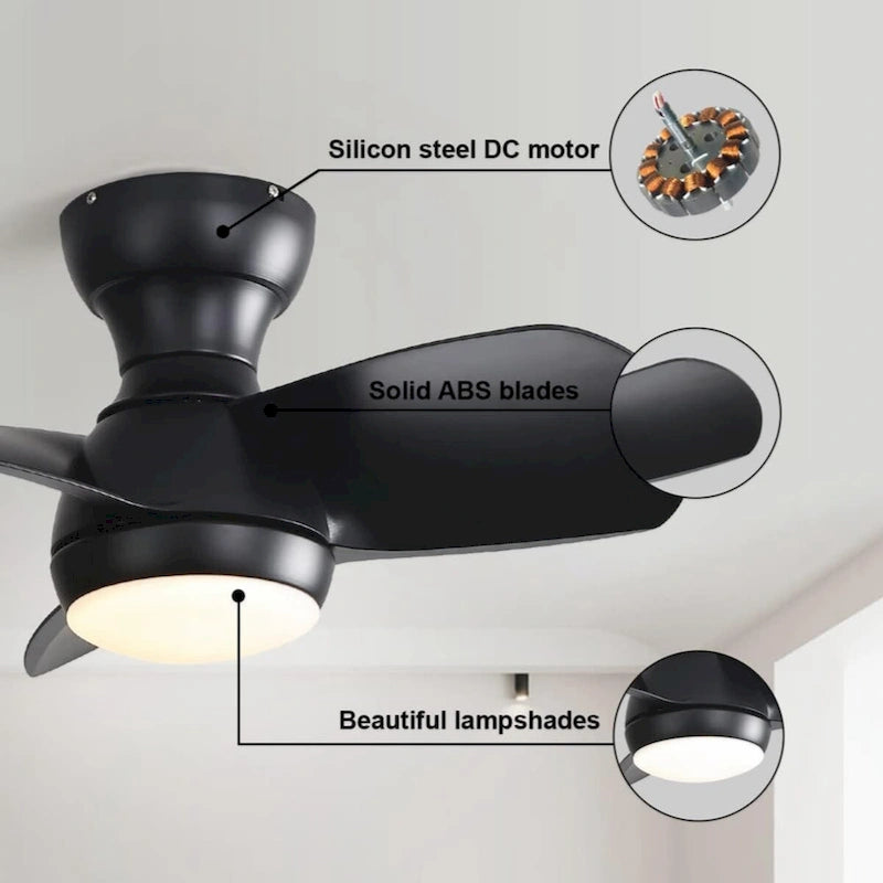 Ventilateur de plafond de chambre de 58 cm (23 pouces) avec 3 couleurs de luminosité réglable, 3 pales en ABS, télécommande, moteur CC, noir, éclairage LED 18 W