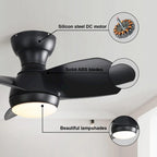 Ventilateur de plafond de chambre de 58 cm (23 pouces) avec 3 couleurs de luminosité réglable, 3 pales en ABS, télécommande, moteur CC, noir, éclairage LED 18 W