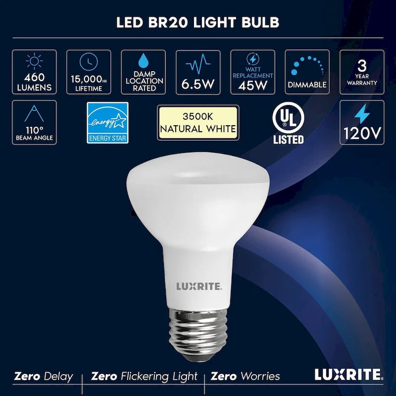 Ampoule LED Luxrite BR20, 6,5 W (équivalent 45 W), à intensité variable, 460 lumens, résistante à l'humidité, certifiée UL et Energy Star, culot E26, lot de 12.