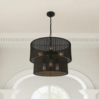 Suspension artisanale en rotin tressé à la main, noir mat, style ferme