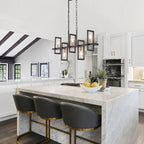 Lustre géométrique linéaire à 5 lumières noir et or pour îlot de cuisine - L 31,5 x l 4 x H 74