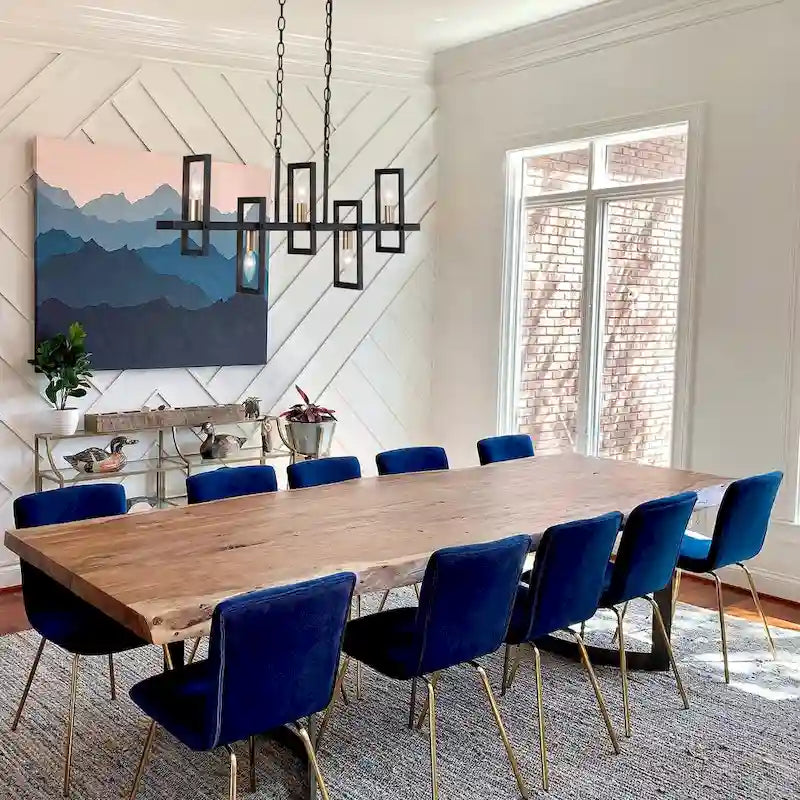 Lustre géométrique linéaire à 5 lumières noir et or pour îlot de cuisine - L 31,5 x l 4 x H 74