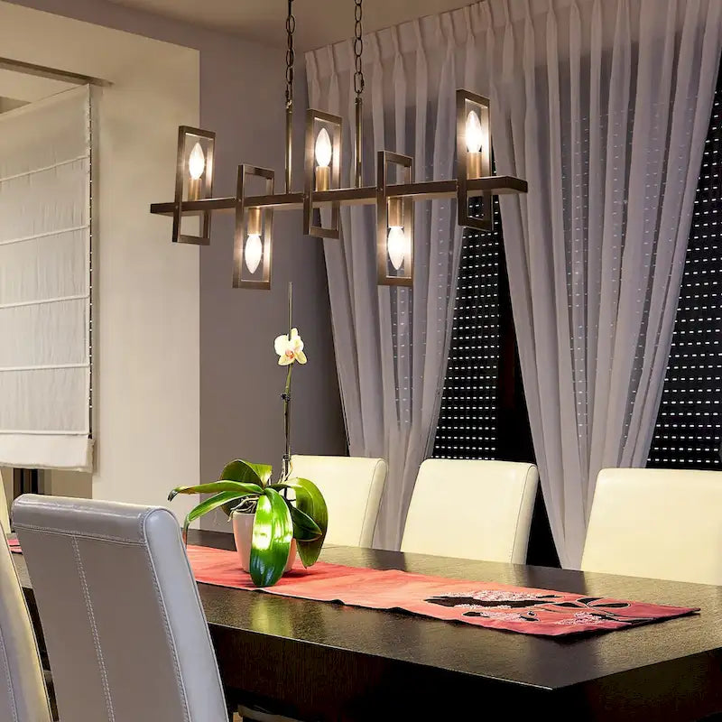 Lustre géométrique linéaire à 5 lumières noir et or pour îlot de cuisine - L 31,5 x l 4 x H 74