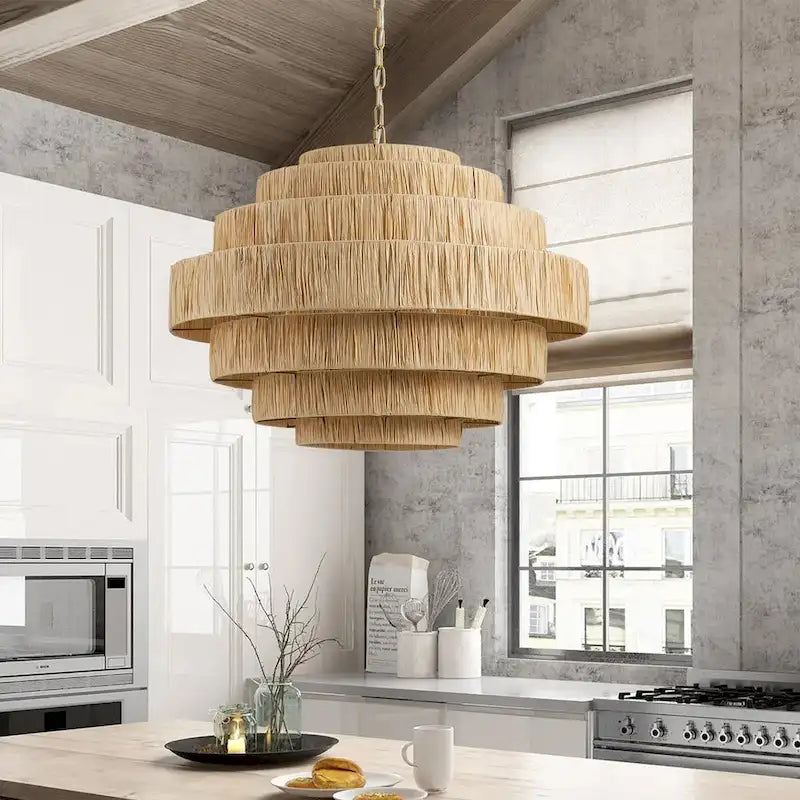 Farmhouse Gold Multi Tiers 5-Light Kitchen Island Pendant Light with Paper Woven Shade