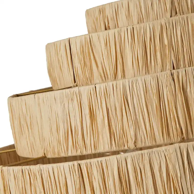 Suspension de cuisine à 5 lumières et plusieurs niveaux, style ferme, couleur or, avec abat-jour en papier tissé.