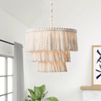 Lustre bohème beige à une lumière avec pompon en coton, design fait main, 40 cm de diamètre.