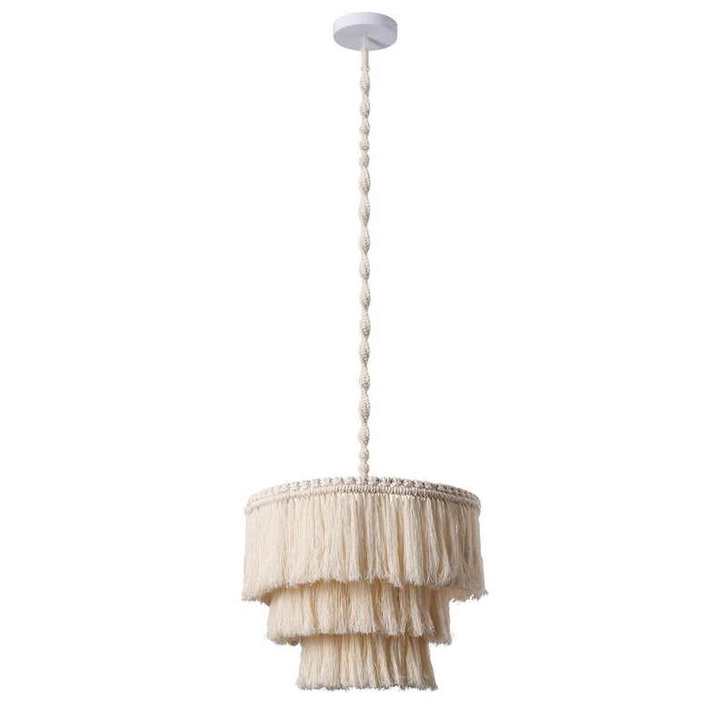Lustre bohème beige à une lumière avec pompon en coton, design fait main, 40 cm de diamètre.