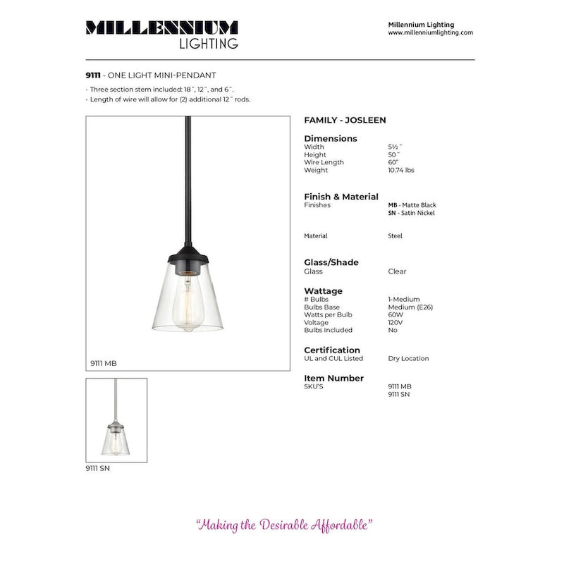 Suspension Josleen de Millennium Lighting, disponible en plusieurs finitions avec abat-jour en verre transparent