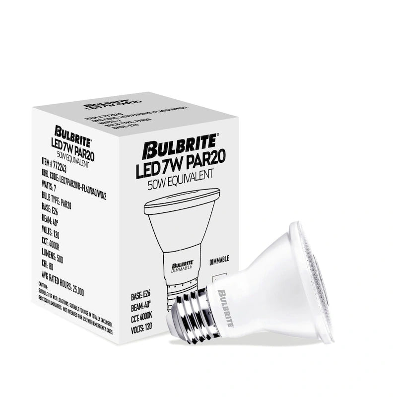 Lot de 4 ampoules LED Bulbrite PAR20 moyennes (E26) de 7 watts à intensité variable - Lumière blanche froide