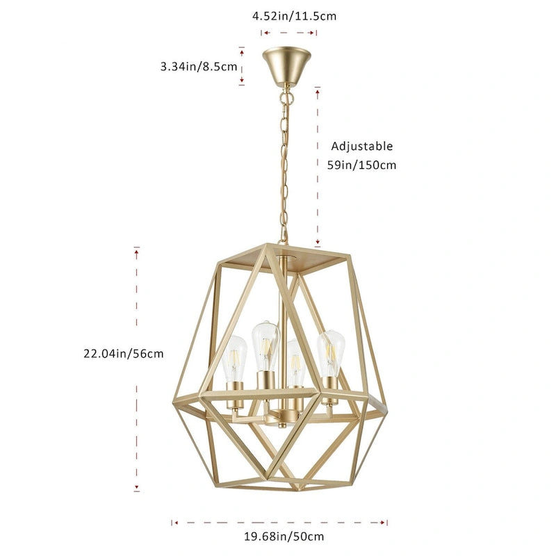 Suspension industrielle dorée à 4 lumières avec structure géométrique en métal