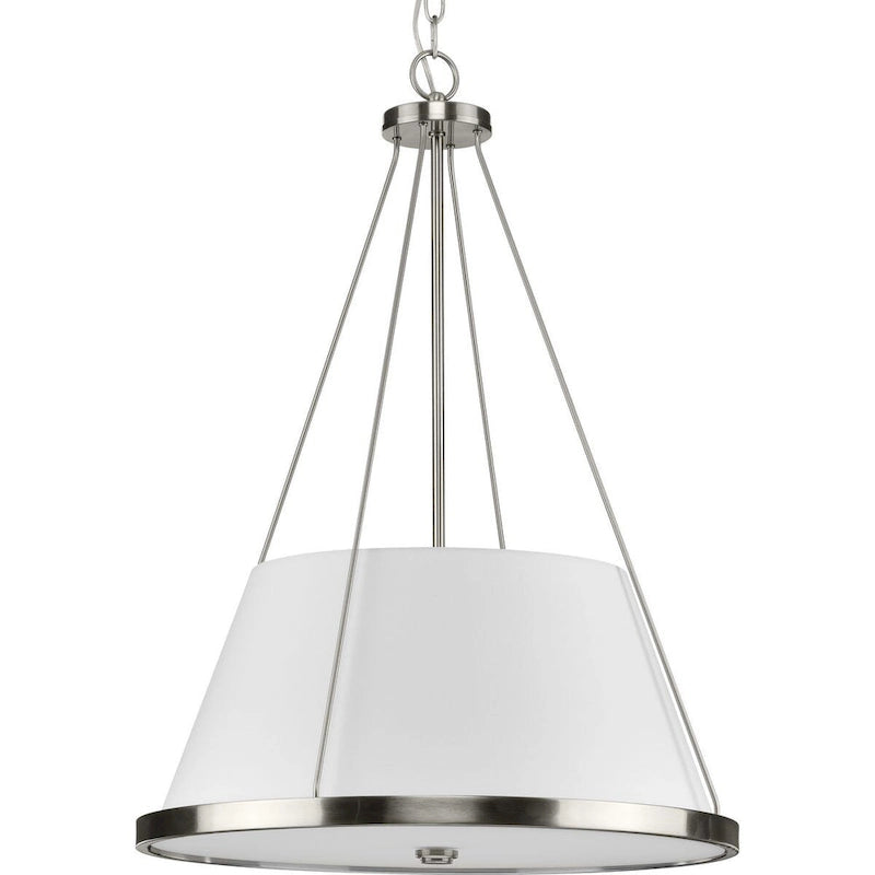Saffert Collection Three-Light New Traditional Brushed Nickel White Linen Shade Pendant Light - 22 in x 22 in x 30 in