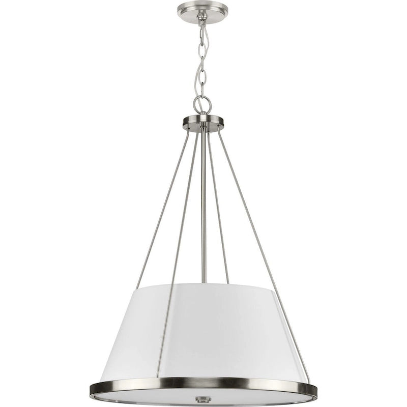 Suspension Saffert Collection à trois lumières, style néo-traditionnel, finition nickel brossé, abat-jour en lin blanc - 56 cm x 56 cm x 76 cm