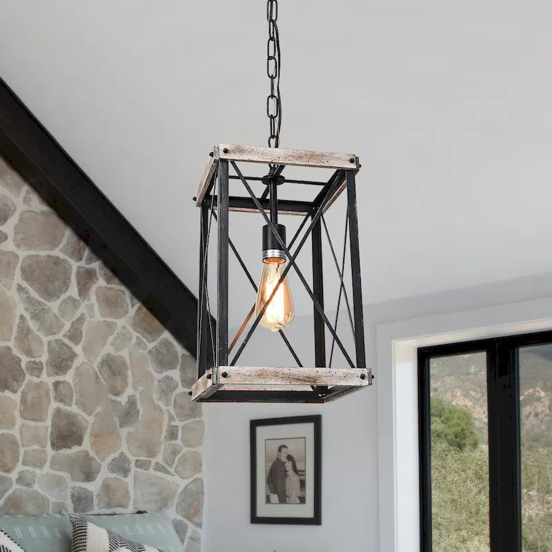 Farmhouse 1-light Distressed Wood Square Lantern Pendant