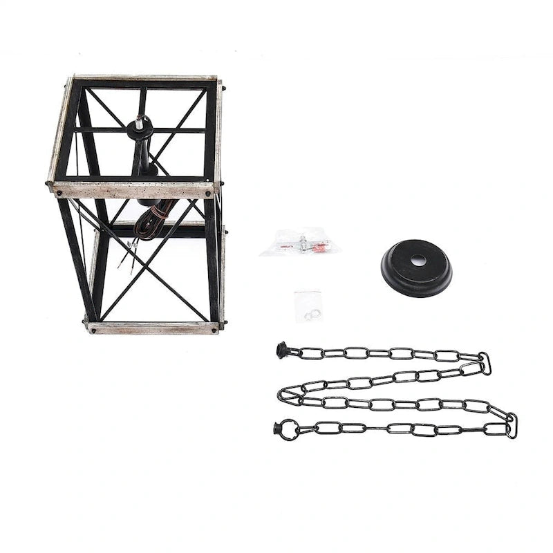 Suspension lanterne carrée en bois vieilli à une lumière, style ferme.