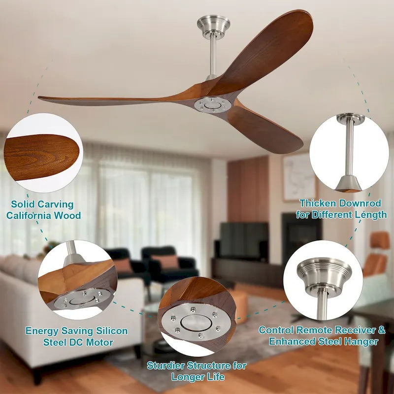 Ventilateur de plafond moderne d'intérieur de 60 pouces avec télécommande à 6 vitesses et 3 pales en bois massif pour salon