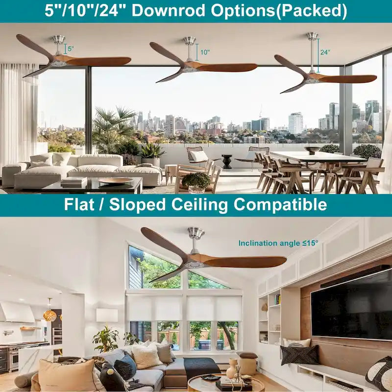 Ventilateur de plafond moderne d'intérieur de 60 pouces avec télécommande à 6 vitesses et 3 pales en bois massif pour salon