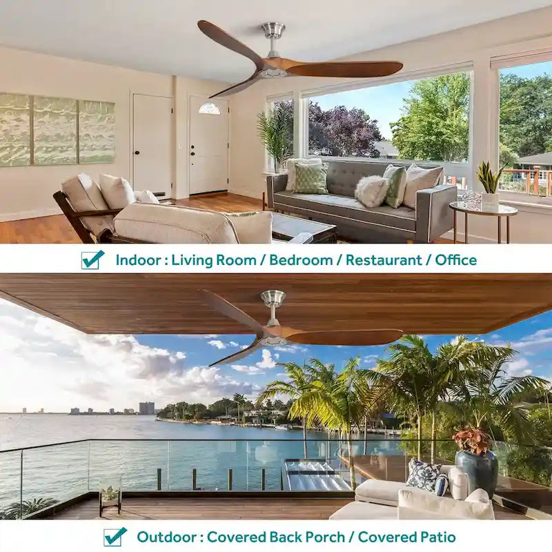 Ventilateur de plafond moderne d'intérieur de 60 pouces avec télécommande à 6 vitesses et 3 pales en bois massif pour salon