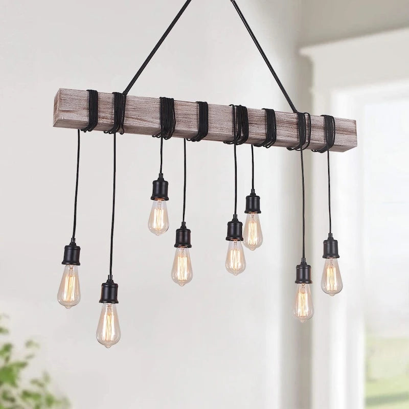 8-light Wooden Rope Kitchen Island Linear Pendant - Black