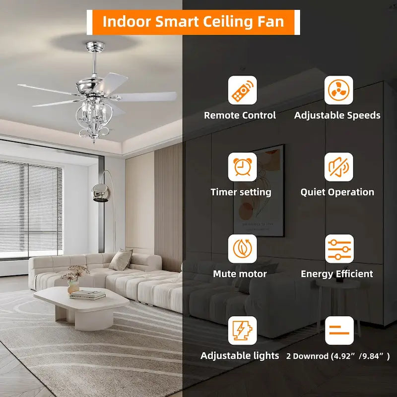 Ventilateur de plafond de 132 cm (52 ​​pouces) à 4 lumières, 5 pales en bois bicolores, moteur à courant alternatif, télécommande, flux d'air réversible, 3 vitesses