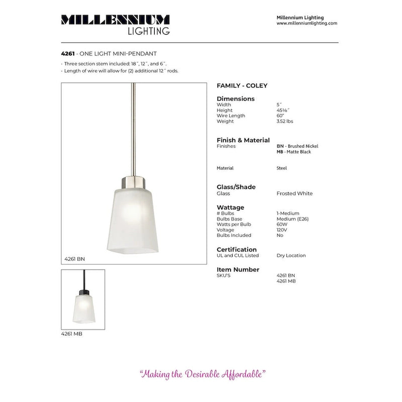 Suspension Coley à une lumière de Millennium Lighting, en nickel brossé avec abat-jour en verre dépoli
