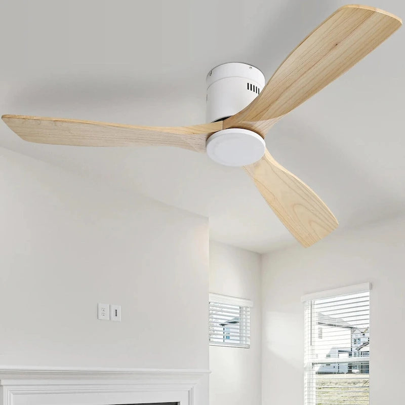 Ventilateur de plafond 52 pouces, 3 pales en bois massif naturel, silencieux, réversible, moteur CC, télécommande, pour salon