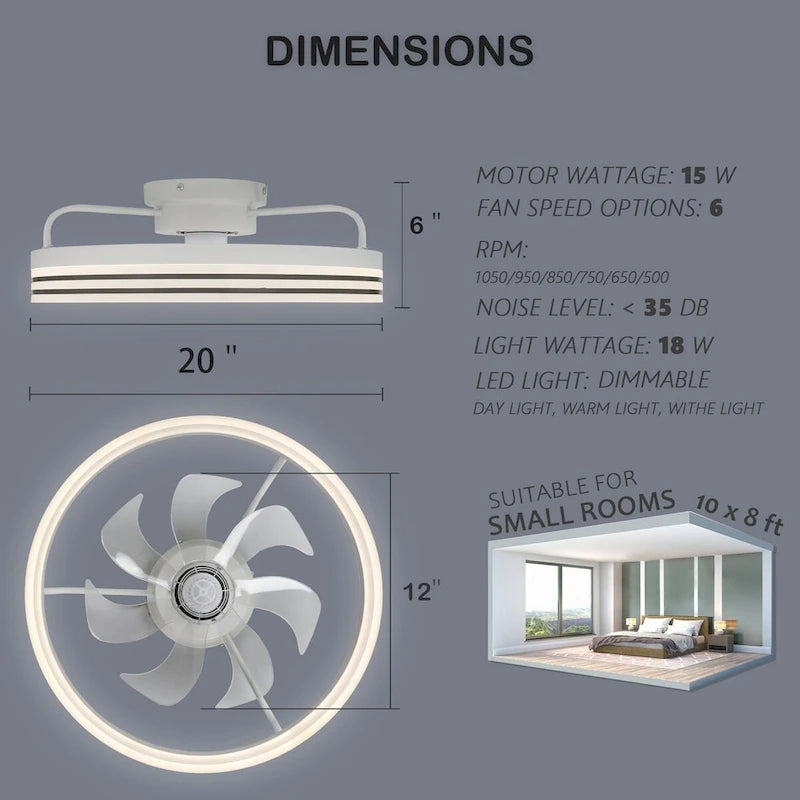 Ventilateur de plafond discret 20 pouces FanLight avec éclairage LED à intensité variable (3 températures de couleur), moteur silencieux à 6 vitesses pour chambre à coucher