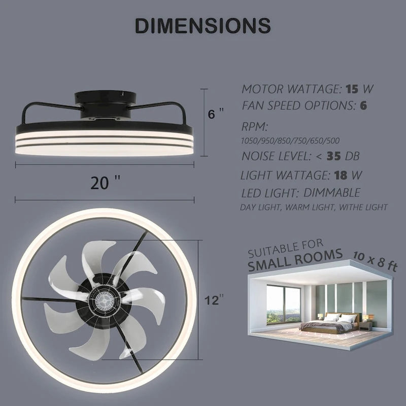 Ventilateur de plafond discret 20 pouces FanLight avec éclairage LED à intensité variable (3 températures de couleur), moteur silencieux à 6 vitesses pour chambre à coucher