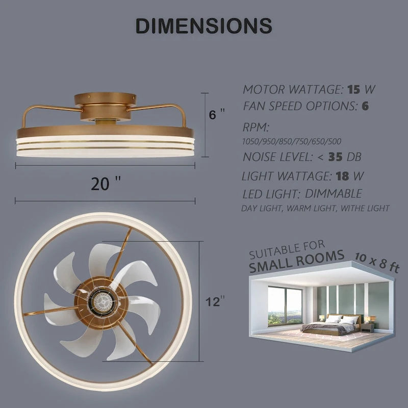 Ventilateur de plafond discret 20 pouces FanLight avec éclairage LED à intensité variable (3 températures de couleur), moteur silencieux à 6 vitesses pour chambre à coucher