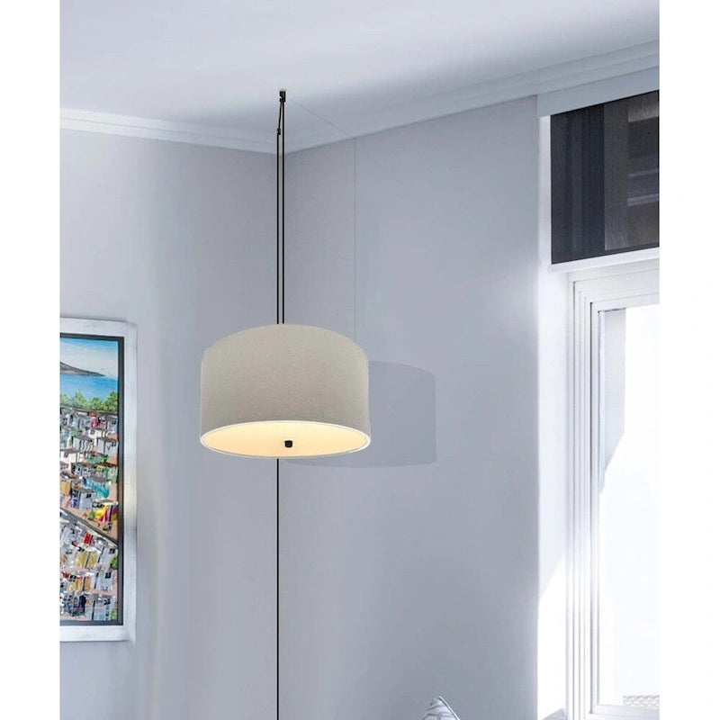 Suspension à brancher 2 lumières, 16 W, diffuseur en lin couleur avoine, cordon noir