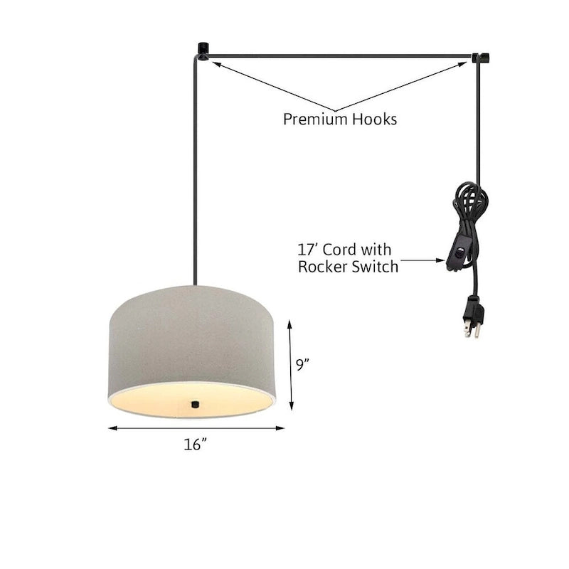 Suspension à brancher 2 lumières, 16 W, diffuseur en lin couleur avoine, cordon noir