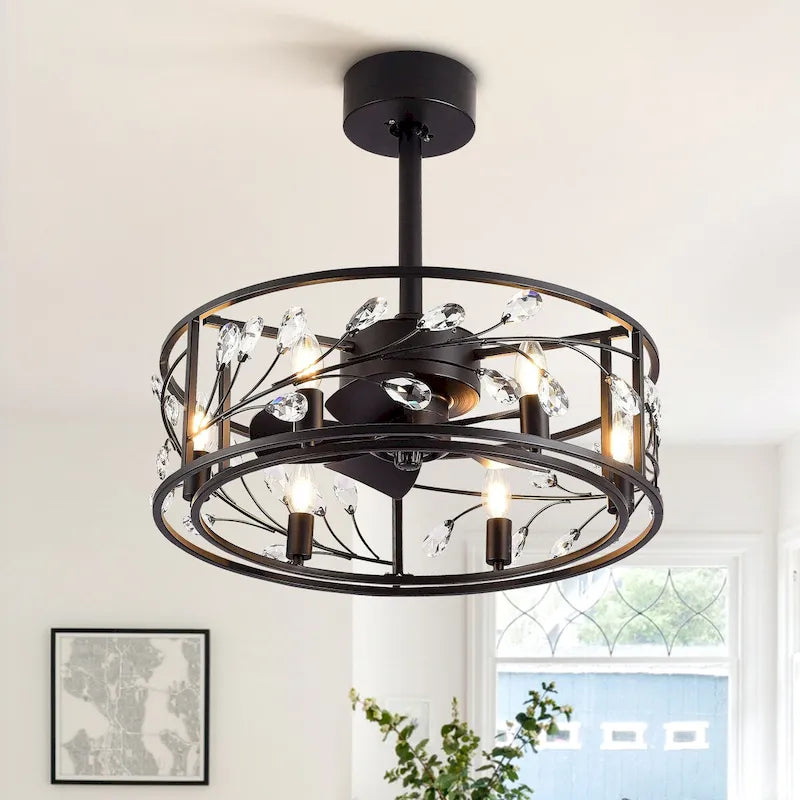 Ventilateur de plafond 20 pouces à cage en cristal noir avec télécommande et éclairage à 6 lumières