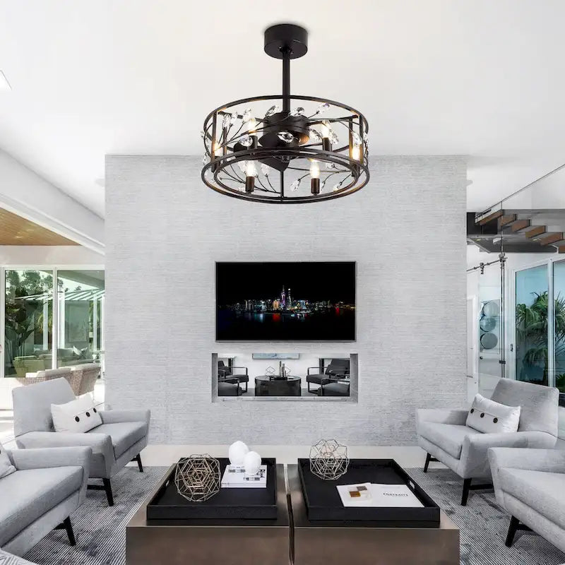 Ventilateur de plafond 20 pouces à cage en cristal noir avec télécommande et éclairage à 6 lumières