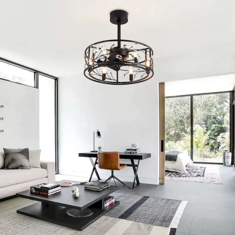 Ventilateur de plafond 20 pouces à cage en cristal noir avec télécommande et éclairage à 6 lumières