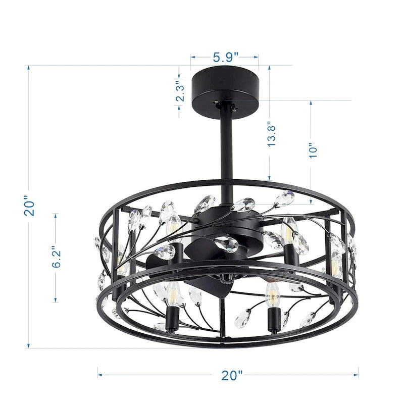 Ventilateur de plafond 20 pouces à cage en cristal noir avec télécommande et éclairage à 6 lumières