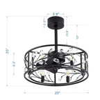 Ventilateur de plafond 20 pouces à cage en cristal noir avec télécommande et éclairage à 6 lumières