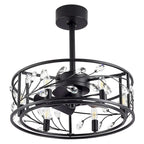 Ventilateur de plafond 20 pouces à cage en cristal noir avec télécommande et éclairage à 6 lumières